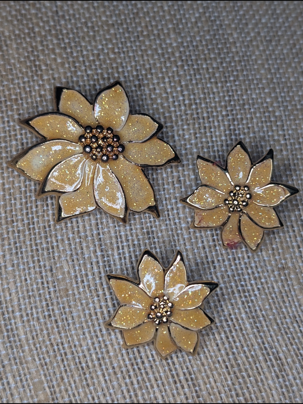 Vintage Yellow And gold Glitter Pointsettia Brooch and Clip-on Earring Set